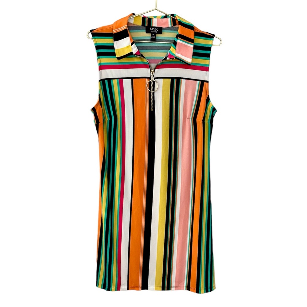 MSK Petite Multicolor Stripe Print Sleeveless A-Line Dress with Gold Zipper